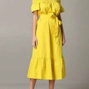 Tory Burch Silk Midi Dress Yellow Ruffle Short Sleeve Off-The-Shoulder M ($448)